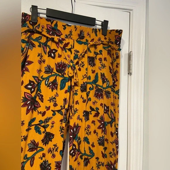 BBJ Los Angeles Mustard Fleur De Lis Flowy Wide Leg Boho Belted Pants Size L - Picture 5 of 13